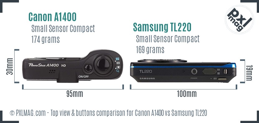 Canon A1400 vs Samsung TL220 top view buttons comparison