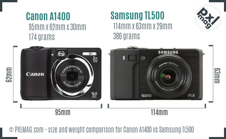 Canon A1400 vs Samsung TL500 size comparison