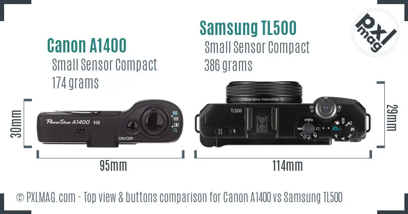 Canon A1400 vs Samsung TL500 top view buttons comparison