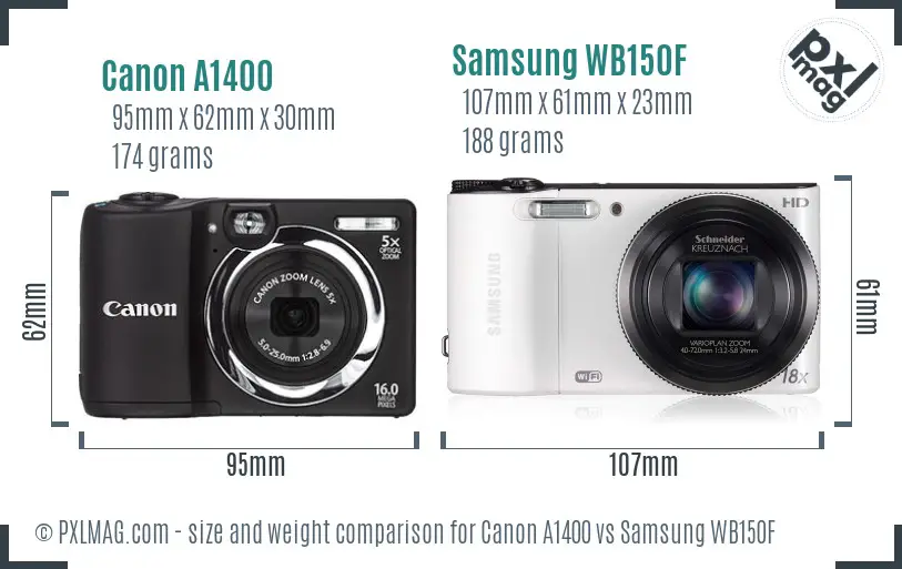 Canon A1400 vs Samsung WB150F size comparison