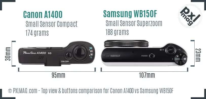 Canon A1400 vs Samsung WB150F top view buttons comparison