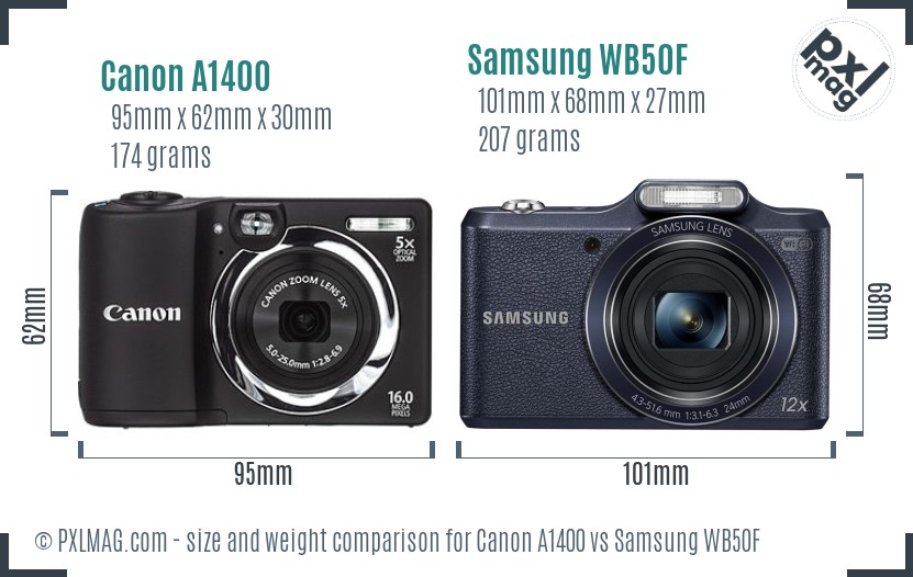 Canon A1400 vs Samsung WB50F size comparison