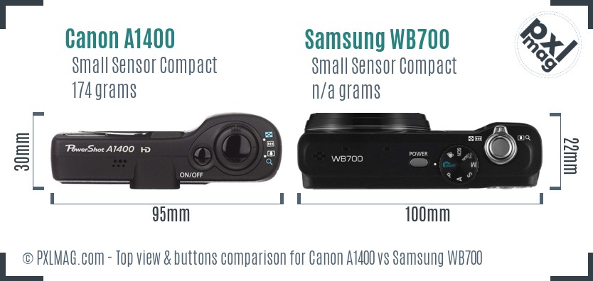 Canon A1400 vs Samsung WB700 top view buttons comparison