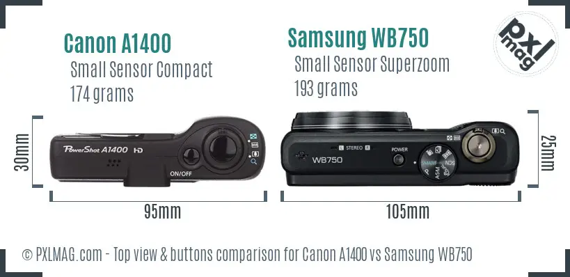 Canon A1400 vs Samsung WB750 top view buttons comparison