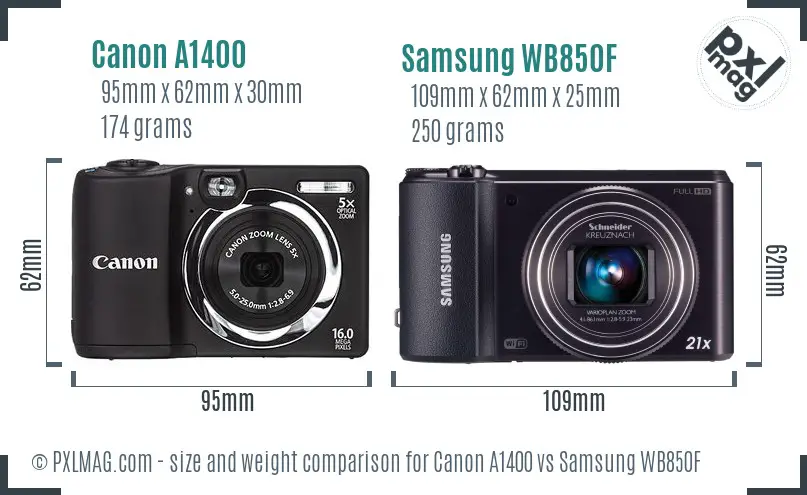 Canon A1400 vs Samsung WB850F size comparison