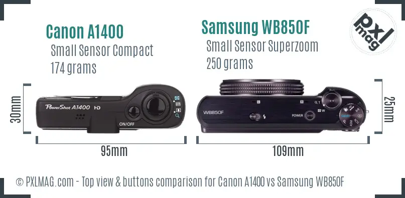 Canon A1400 vs Samsung WB850F top view buttons comparison