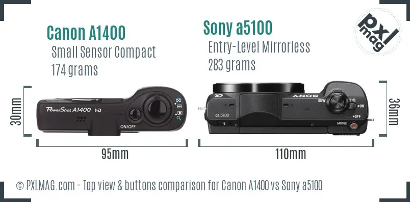 Canon A1400 vs Sony a5100 top view buttons comparison