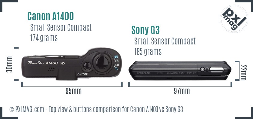 Canon A1400 vs Sony G3 top view buttons comparison