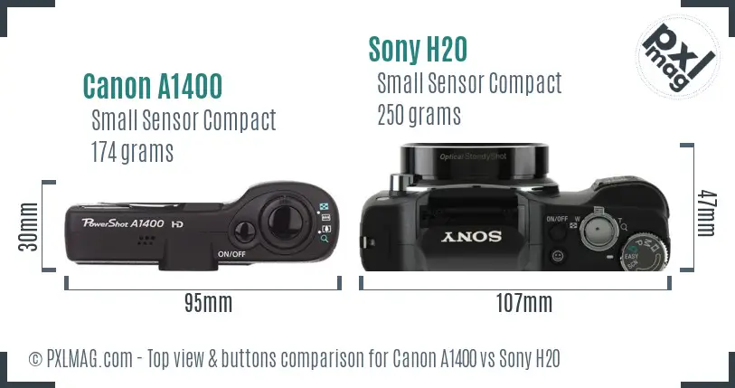 Canon A1400 vs Sony H20 top view buttons comparison