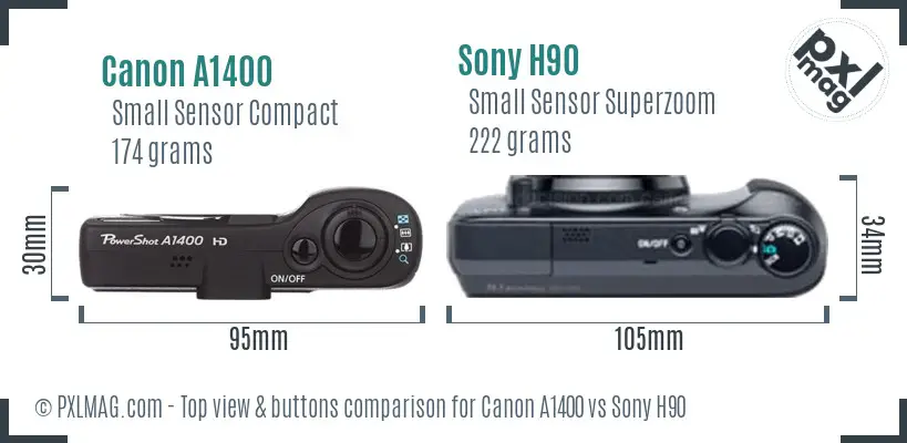 Canon A1400 vs Sony H90 top view buttons comparison Canon A1400 vs Sony H90 top view buttons comparison