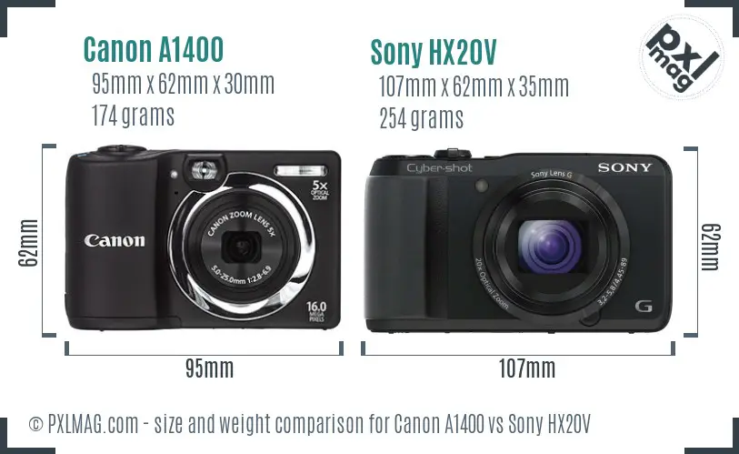 Canon A1400 vs Sony HX20V size comparison