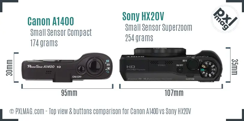 Canon A1400 vs Sony HX20V top view buttons comparison