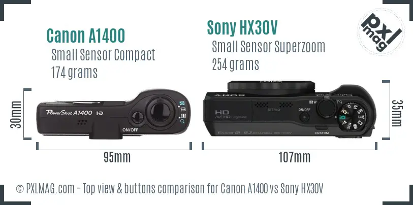 Canon A1400 vs Sony HX30V top view buttons comparison Canon A1400 vs Sony HX30V top view buttons comparison
