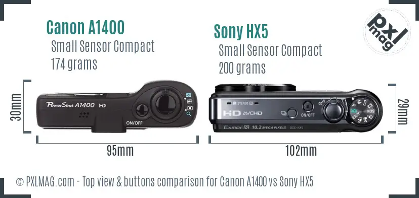Canon A1400 vs Sony HX5 top view buttons comparison Canon A1400 vs Sony HX5 top view buttons comparison