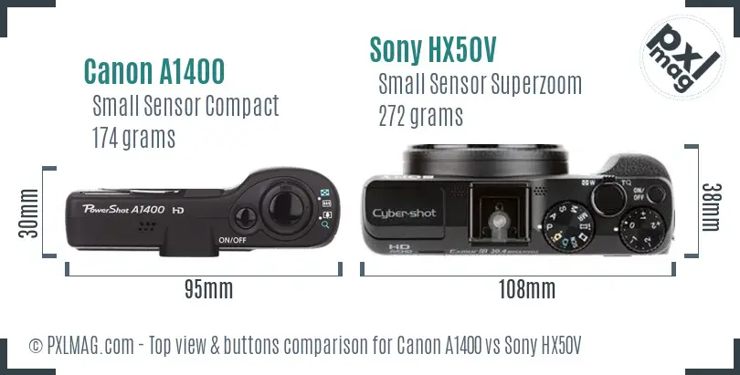 Canon A1400 vs Sony HX50V top view buttons comparison