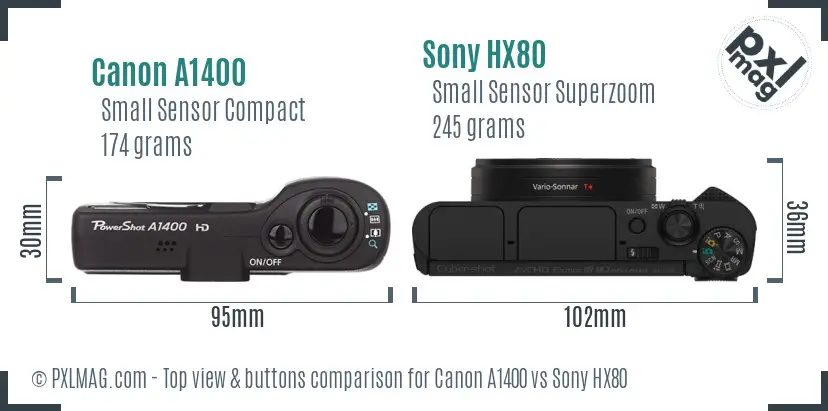 Canon A1400 vs Sony HX80 top view buttons comparison