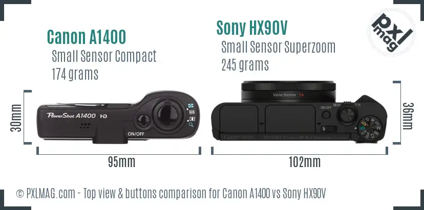 Canon A1400 vs Sony HX90V top view buttons comparison