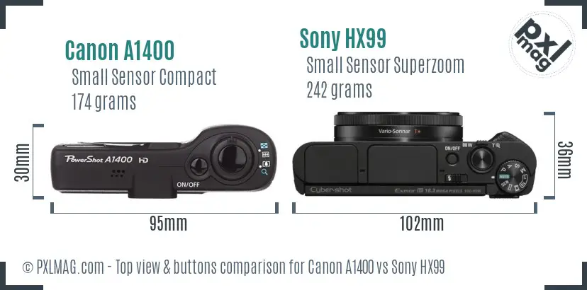 Canon A1400 vs Sony HX99 top view buttons comparison