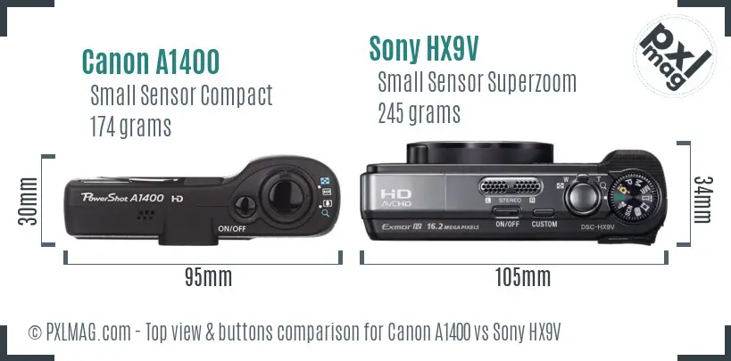 Canon A1400 vs Sony HX9V top view buttons comparison Canon A1400 vs Sony HX9V top view buttons comparison