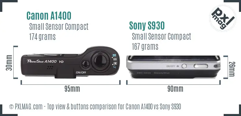Canon A1400 vs Sony S930 top view buttons comparison