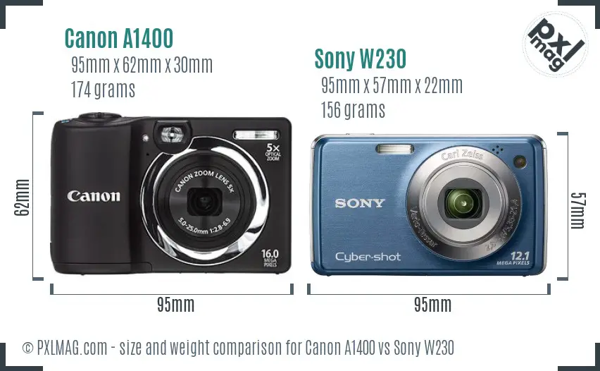 Canon A1400 vs Sony W230 size comparison