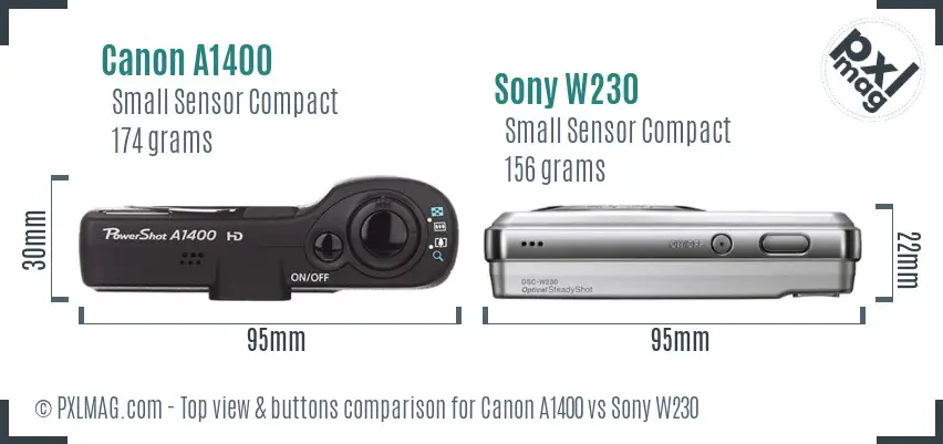 Canon A1400 vs Sony W230 top view buttons comparison