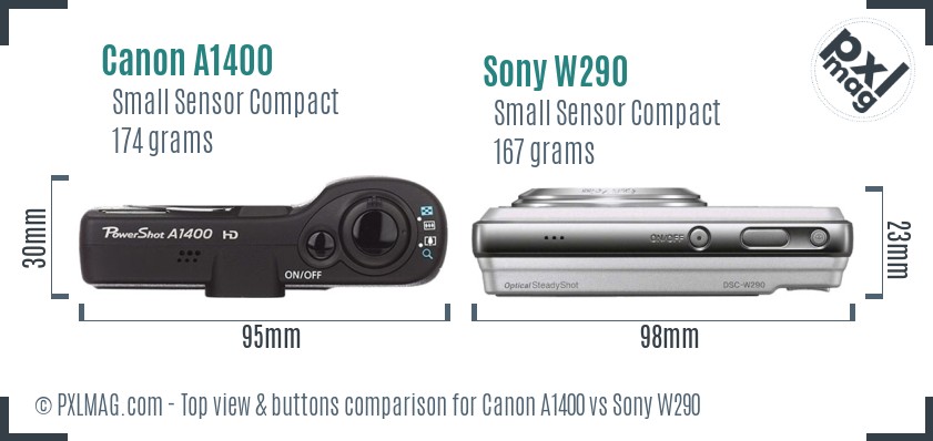 Canon A1400 vs Sony W290 top view buttons comparison