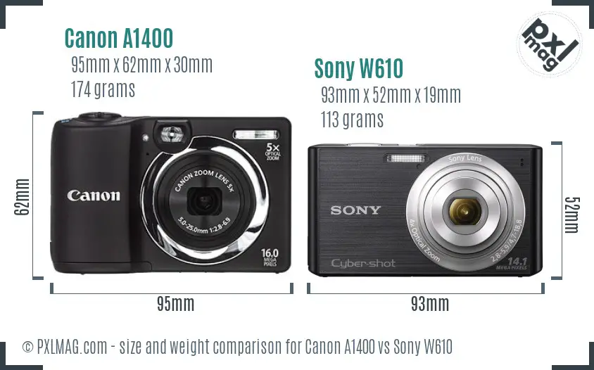 Canon A1400 vs Sony W610 size comparison