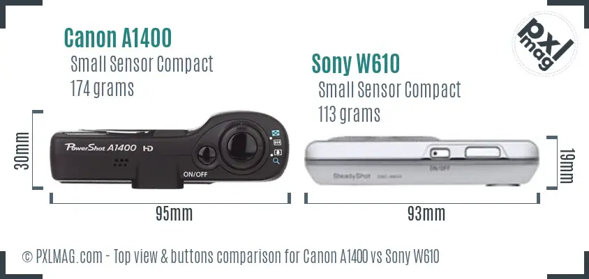 Canon A1400 vs Sony W610 top view buttons comparison