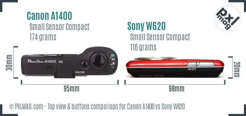Canon A1400 vs Sony W620 top view buttons comparison Canon A1400 vs Sony W620 top view buttons comparison