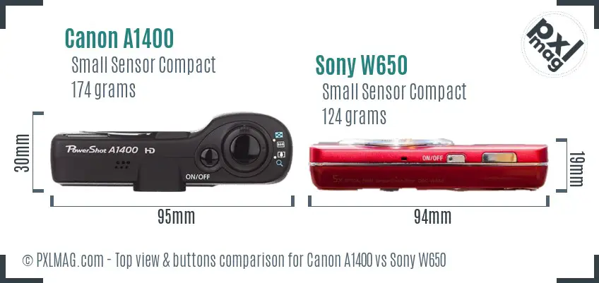 Canon A1400 vs Sony W650 top view buttons comparison