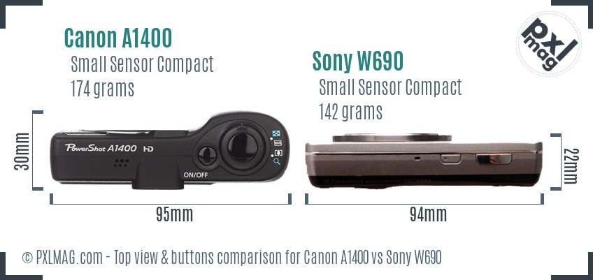 Canon A1400 vs Sony W690 top view buttons comparison