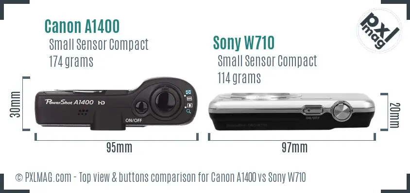 Canon A1400 vs Sony W710 top view buttons comparison