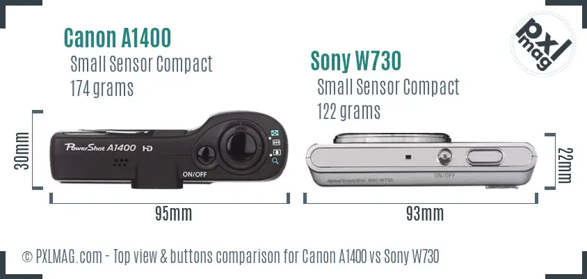 Canon A1400 vs Sony W730 top view buttons comparison Canon A1400 vs Sony W730 top view buttons comparison