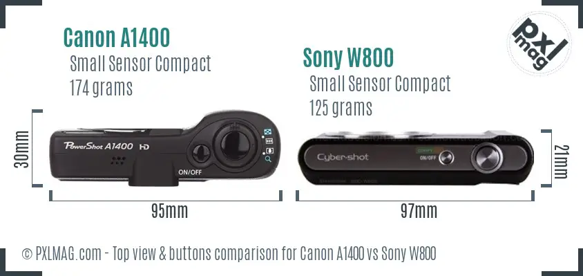 Canon A1400 vs Sony W800 top view buttons comparison