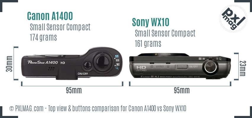Canon A1400 vs Sony WX10 top view buttons comparison