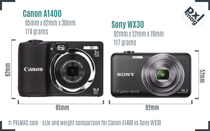 Canon A1400 vs Sony WX30 size comparison