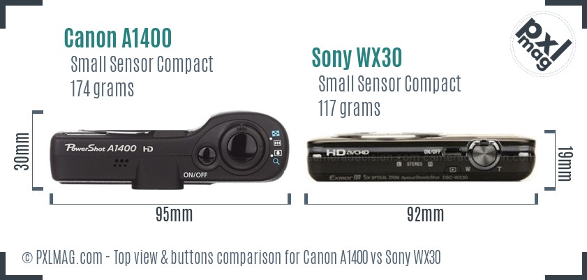 Canon A1400 vs Sony WX30 top view buttons comparison