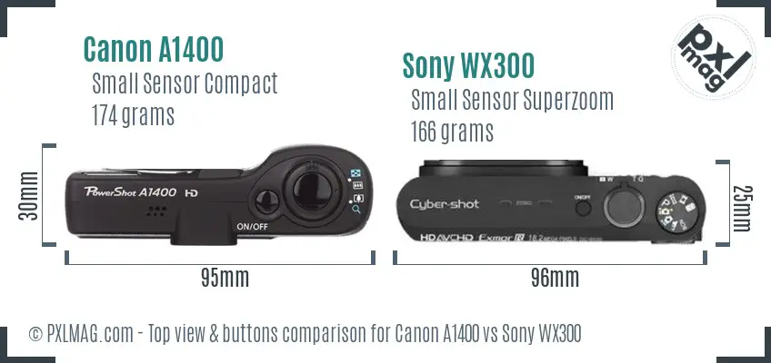 Canon A1400 vs Sony WX300 top view buttons comparison Canon A1400 vs Sony WX300 top view buttons comparison
