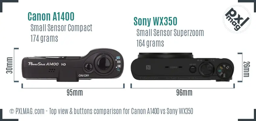 Canon A1400 vs Sony WX350 top view buttons comparison