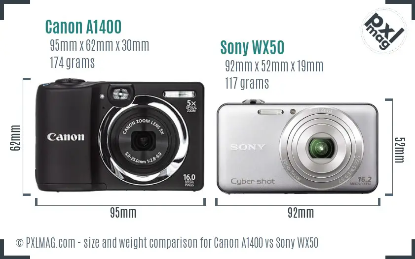 Canon A1400 vs Sony WX50 size comparison