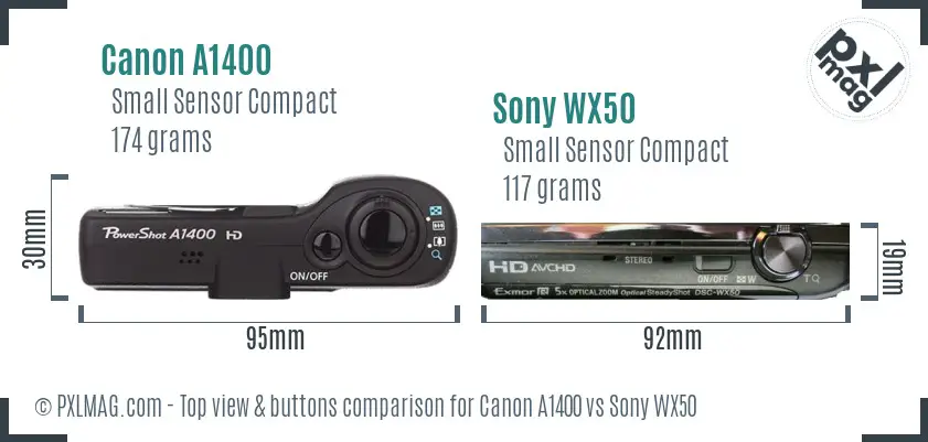 Canon A1400 vs Sony WX50 top view buttons comparison