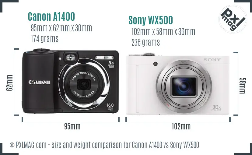 Canon A1400 vs Sony WX500 size comparison