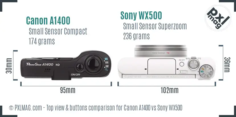 Canon A1400 vs Sony WX500 top view buttons comparison