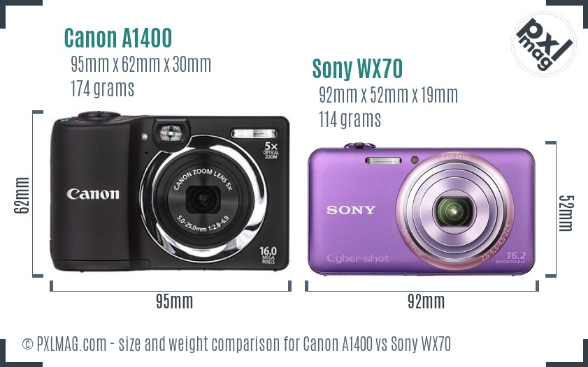 Canon A1400 vs Sony WX70 size comparison