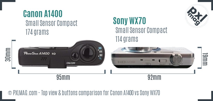 Canon A1400 vs Sony WX70 top view buttons comparison