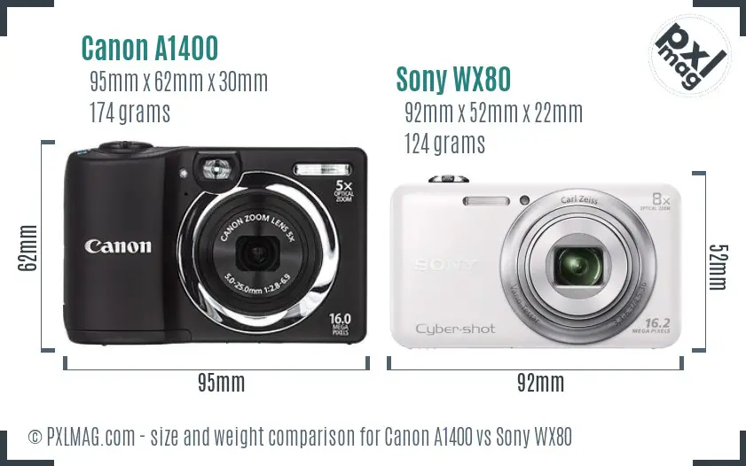 Canon A1400 vs Sony WX80 size comparison