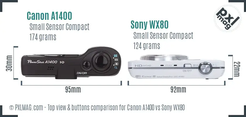 Canon A1400 vs Sony WX80 top view buttons comparison