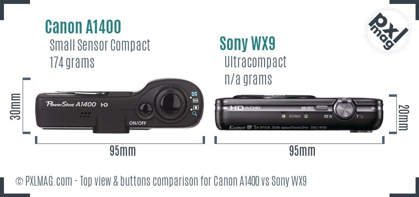 Canon A1400 vs Sony WX9 top view buttons comparison