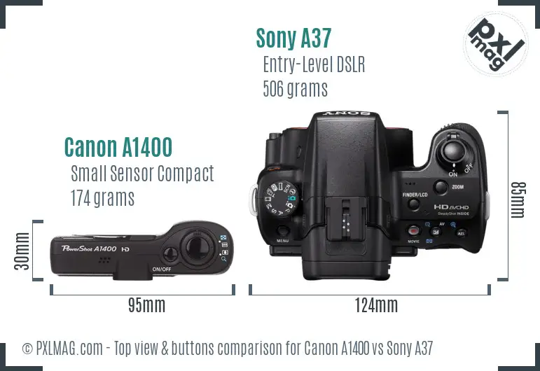 Canon A1400 vs Sony A37 top view buttons comparison